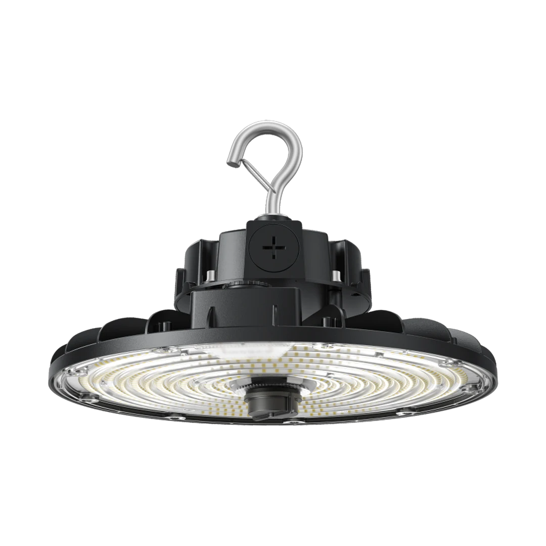 Luminaria industrial LED tipo UFO Carden CL HBU 12 con disipador de aluminio negro y óptica de policarbonato